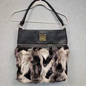 DEESIGNS Purse‎ By Ocleppo Hobo Shoulder Bag Faux Black Leather & Fur Statement